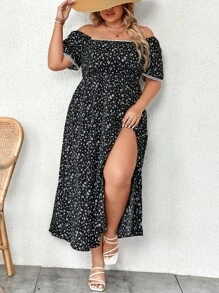 SHEIN Franclia Plus Ditsy Floral Print Square Neck Split Thigh Dress