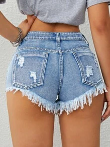 SHEIN EZwear Ripped Raw Hem Denim Shorts - Light Wash - View 1