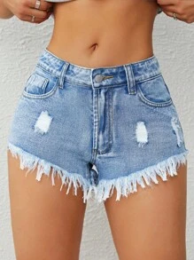 SHEIN EZwear Ripped Raw Hem Denim Shorts - Light Wash - View 5