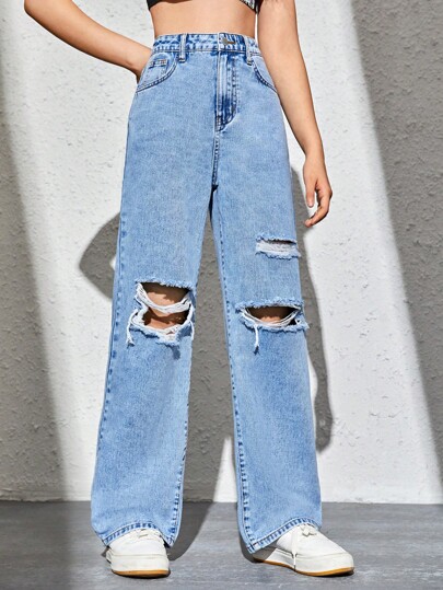 SHEIN Teen Girls Ripped Straight Leg Jeans
