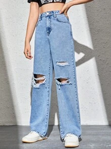 SHEIN 青少年女孩破洞直筒牛仔褲