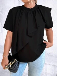 Celure Áo sơ mi Plus Size Xù màu trơn Giải trí - màu đen - Xem 4