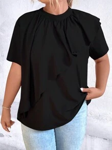 Celure Áo sơ mi Plus Size Xù màu trơn Giải trí - màu đen - Xem 3