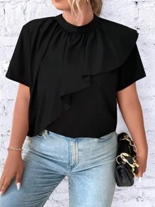 Celure Áo sơ mi Plus Size Xù màu trơn Giải trí - màu đen - Xem 1
