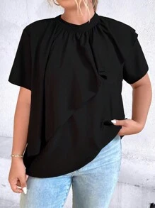 Celure Áo sơ mi Plus Size Xù màu trơn Giải trí - màu đen - Xem 5