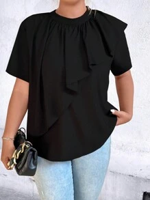 Celure Áo sơ mi Plus Size Xù màu trơn Giải trí - màu đen - Xem 6