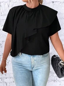 Celure Áo sơ mi Plus Size Xù màu trơn Giải trí - màu đen - Xem 7