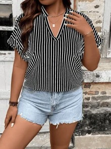 SHEIN LUNE Áo sơ mi Plus Size Sọc Giải trí - màu đen - Xem 1