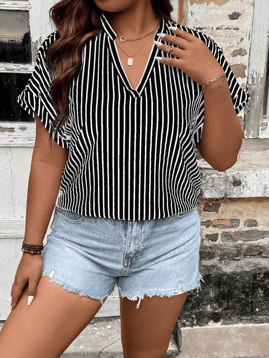 SHEIN LUNE Áo sơ mi Plus Size Sọc Giải trí - màu đen - Xem 1