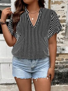 SHEIN LUNE Áo sơ mi Plus Size Sọc Giải trí - màu đen - Xem 3