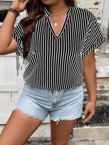 SHEIN LUNE Áo sơ mi Plus Size Sọc Giải trí - màu đen - Xem 5