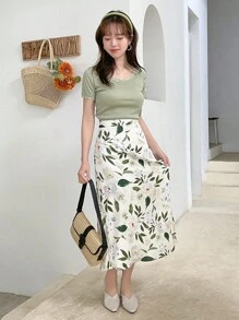 DAZY Solid Lace Trim Ribbed Knit Tee - Green - View 7