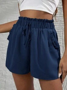 SHEIN VCAY 褶邊前打結紙袋腰短褲 - 藏蓝色 - 查看 1