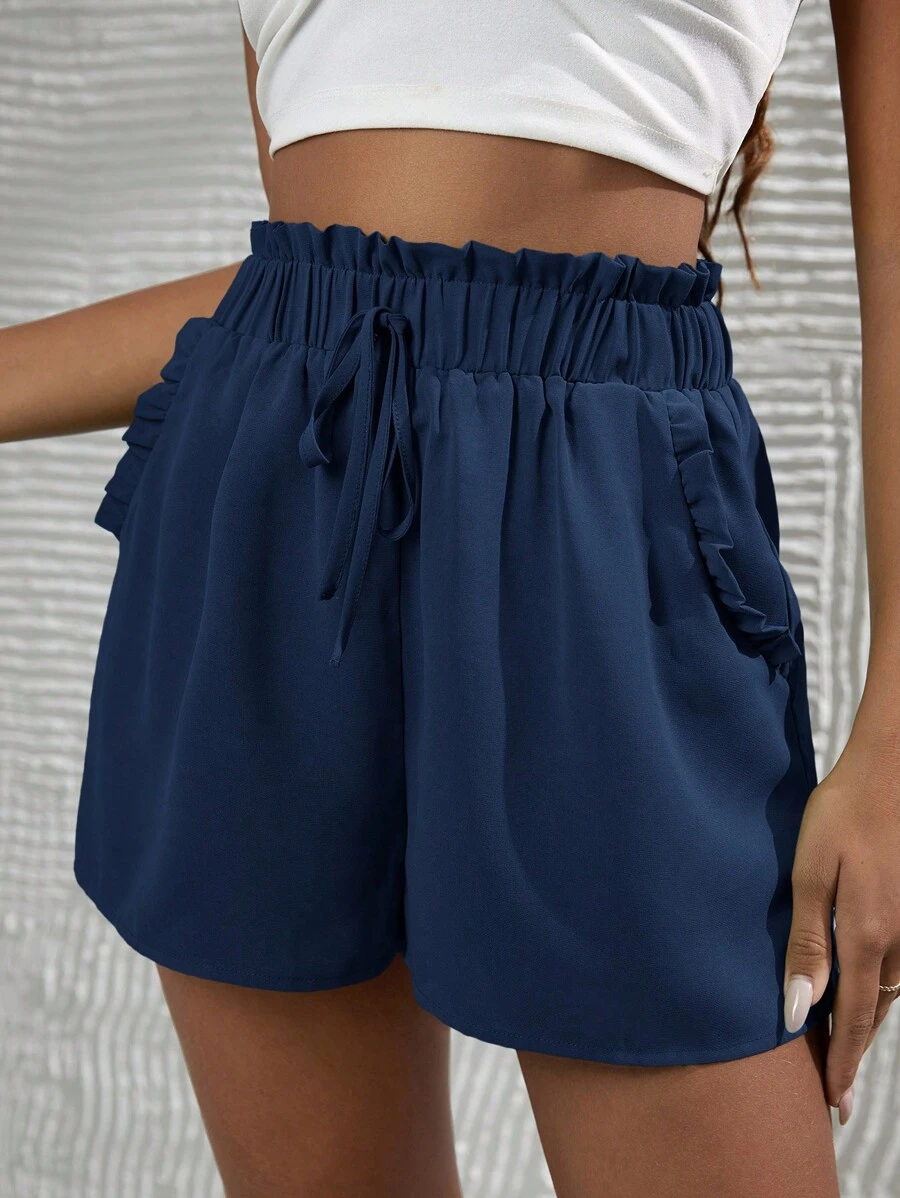 SHEIN VCAY 褶邊前打結紙袋腰短褲 - 藏蓝色 - 查看 1