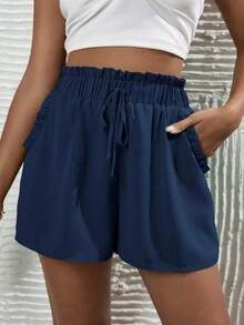 SHEIN VCAY 褶邊前打結紙袋腰短褲 - 藏蓝色 - 查看 2