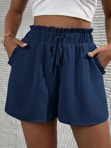 SHEIN VCAY 褶邊前打結紙袋腰短褲 - 藏蓝色 - 查看 3