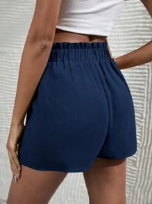 SHEIN VCAY 褶邊前打結紙袋腰短褲 - 藏蓝色 - 查看 5