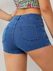 SHEIN EZwear Quần short denim nữ Nút Túi Dây kéo màu trơn - Rửa tối - Xem 2