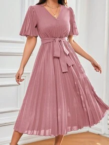 SHEIN Frenchy 蝴蝶袖百褶下擺繫腰帶洋裝 - 藕粉色 - 查看 1