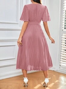 SHEIN Frenchy 蝴蝶袖百褶下擺繫腰帶洋裝 - 藕粉色 - 查看 3