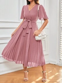 SHEIN Frenchy 蝴蝶袖百褶下擺繫腰帶洋裝 - 藕粉色 - 查看 4