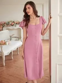 SHEIN Frenchy Vestido de manga mariposa con botón delantero - Rosa vieja - Ver 1