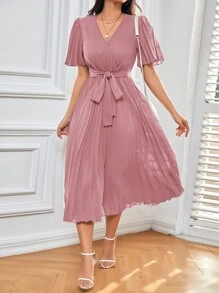 SHEIN Frenchy 蝴蝶袖百褶下擺繫腰帶洋裝 - 藕粉色 - 查看 6
