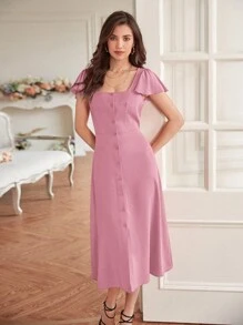 SHEIN Frenchy Vestido de manga mariposa con botón delantero - Rosa vieja - Ver 2