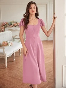 SHEIN Frenchy Vestido de manga mariposa con botón delantero - Rosa vieja - Ver 6