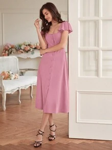 SHEIN Frenchy Vestido de manga mariposa con botón delantero - Rosa vieja - Ver 7