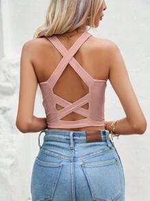 SHEIN Frenchy Crisscross Back Crop Tank Top - Dusty Pink - View 1