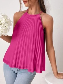 SHEIN Frenchy 素色百褶掛脖上衣 - 中紫紅色 - 查看 1