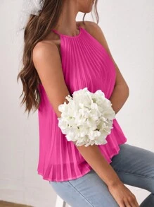 SHEIN Frenchy 素色百褶掛脖上衣 - 中紫紅色 - 查看 3