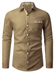Manfinity Mode Áo sơ mi Nam Nút phía trước Sọc ca rô Giải trí - Màu Khaki - Xem 5
