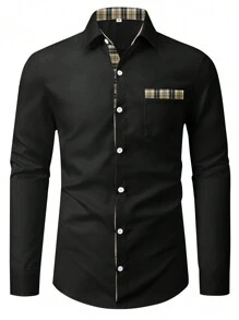 Manfinity Mode 男士格紋印花口袋貼布襯衫 - 黑色 - 查看 1