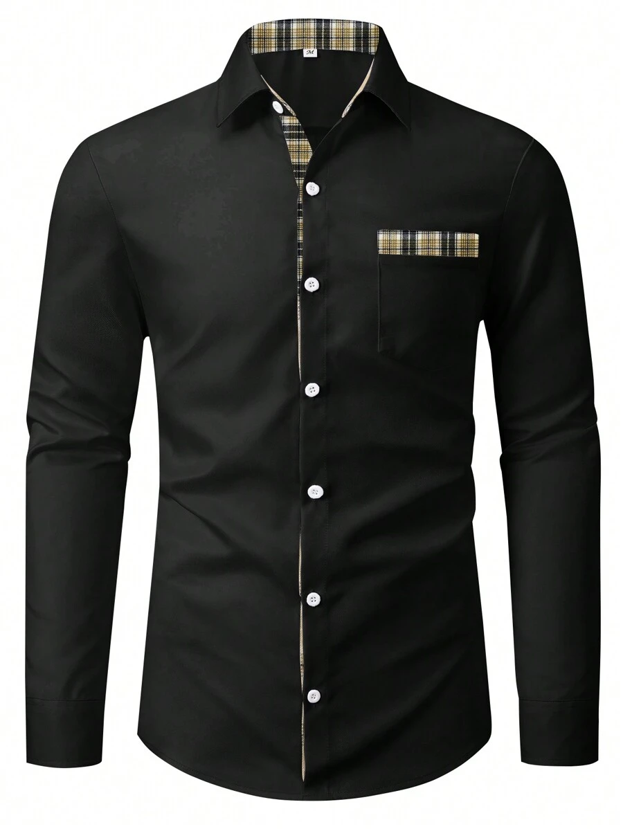 Manfinity Mode 男士格紋印花口袋貼布襯衫 - 黑色 - 查看 1