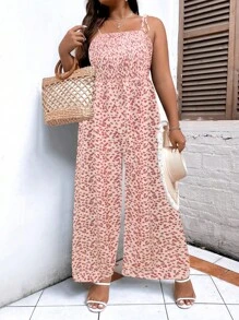 SHEIN LUNE Jumpsuits Plus Size Thắt nút Dải chun Họa tiết hoa Boho - Hồng - Xem 3