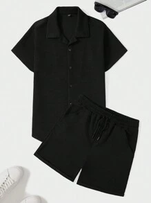 RueChic Men Solid Button Front Shirt & Shorts - Black - View 1