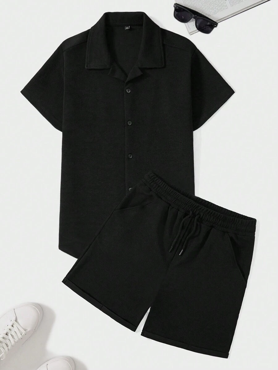 RueChic Men Solid Button Front Shirt & Shorts - Black - View 1