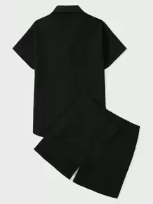RueChic Men Solid Button Front Shirt & Shorts - Black - View 2