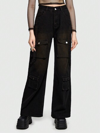 Grunge Punk Flap Pocket Cargo Jeans