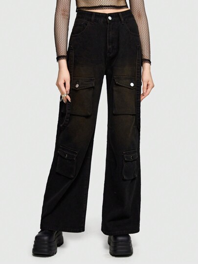 Grunge Punk Flap Pocket Cargo Jeans