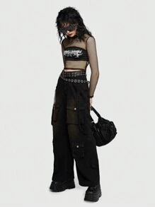 ROMWE Grunge Punk 翻蓋口袋工裝牛仔褲 - 黑色 - 查看 2
