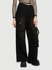 ROMWE Grunge Punk 翻蓋口袋工裝牛仔褲 - 黑色 - 查看 5