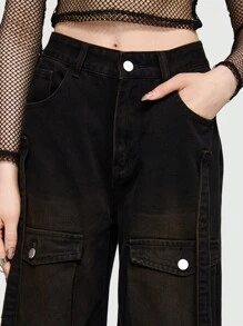 ROMWE Grunge Punk 翻蓋口袋工裝牛仔褲 - 黑色 - 查看 6
