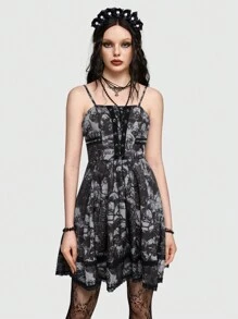 ROMWE Goth 骷髅頭圖案繫帶吊帶連衣裙 - 彩色 - 查看 1