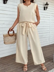 SHEIN LUNE Hơn Chất rắn Áo ba lỗ & Thắt lưng Quần ống rộng - Màu be - Xem 1