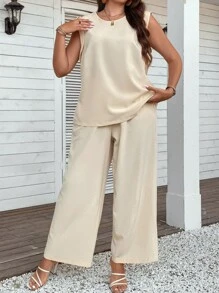 SHEIN LUNE Hơn Chất rắn Áo ba lỗ & Thắt lưng Quần ống rộng - Màu be - Xem 3
