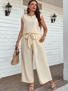 SHEIN LUNE Hơn Chất rắn Áo ba lỗ & Thắt lưng Quần ống rộng - Màu be - Xem 4