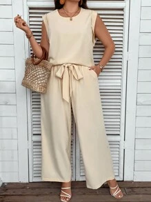 SHEIN LUNE Hơn Chất rắn Áo ba lỗ & Thắt lưng Quần ống rộng - Màu be - Xem 5